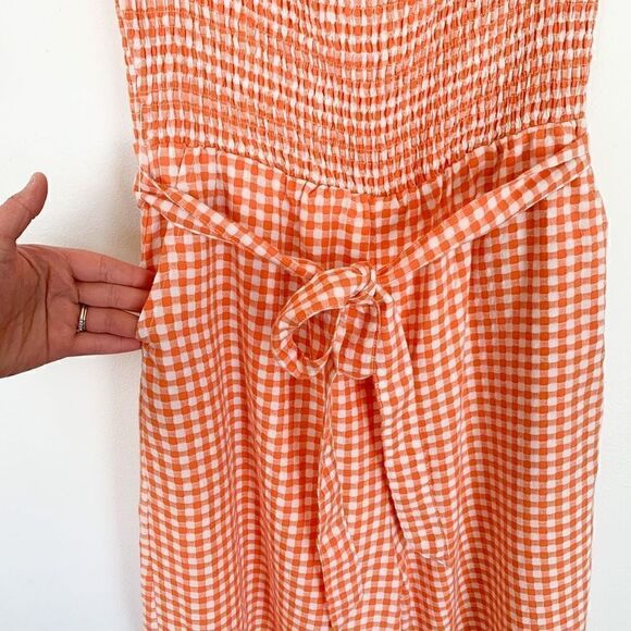 MINKPINK orange gingham picnic smocked strapless wide leg jumpsuit - Picture 4 of 11